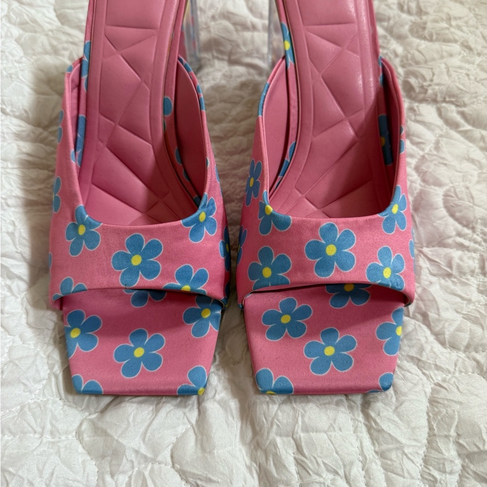 Pink and Blue Floral Sling with Lucite Heel